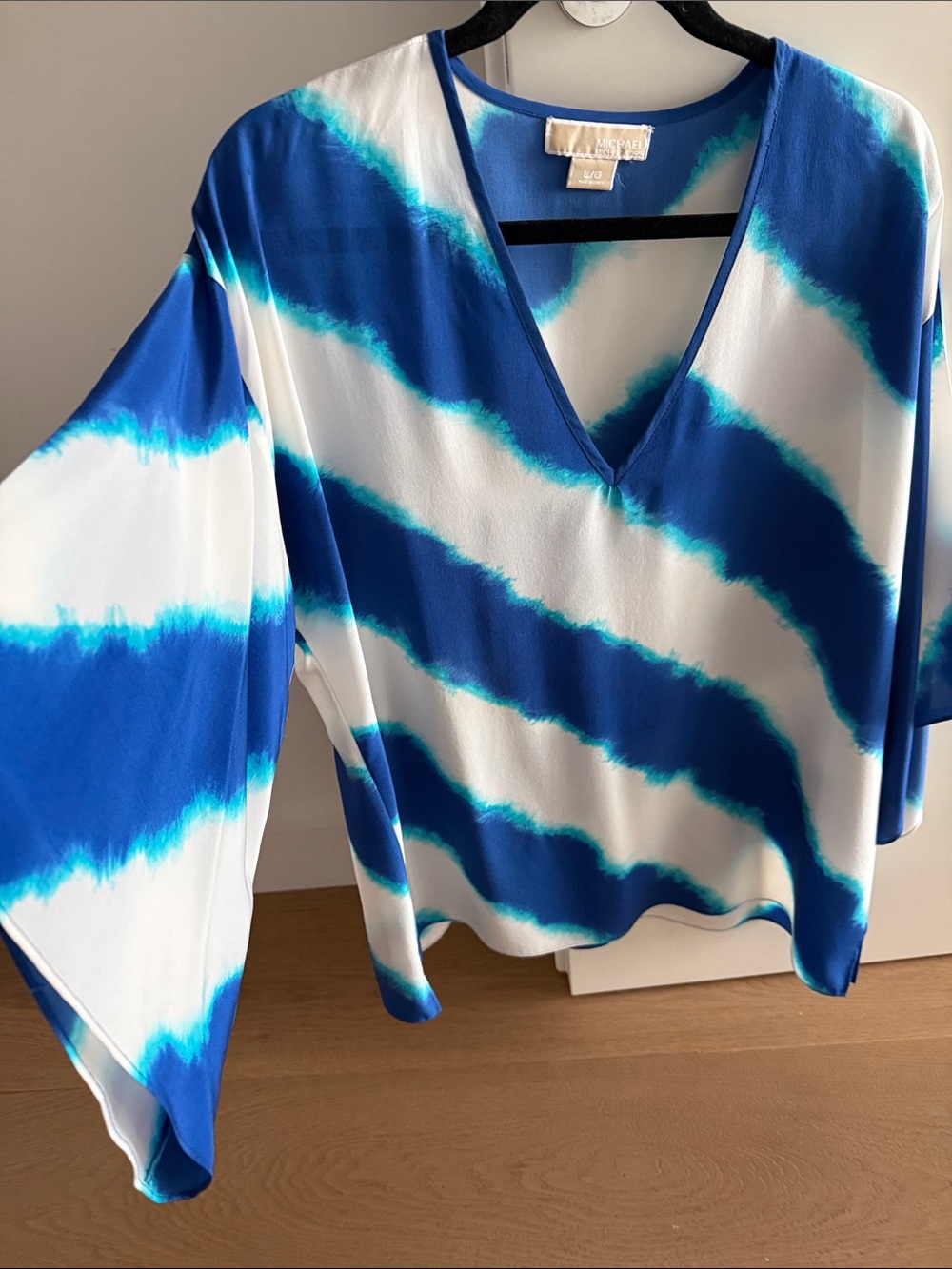 Michael Kors Blue and White Silk Tie-Dye V-Neck Blouse